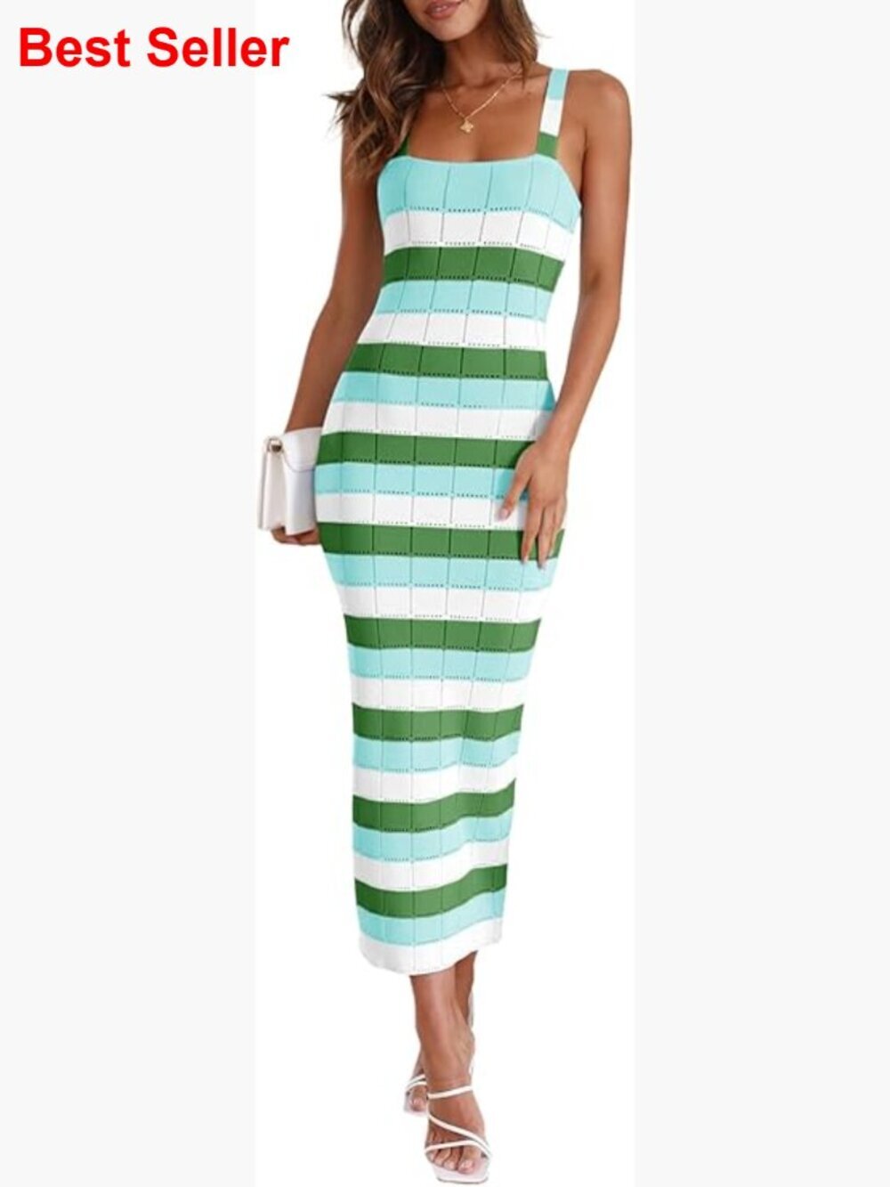 Striped Bodycon Midi Dress Sleeveless Square Neck Color Block Knit Summer Tank